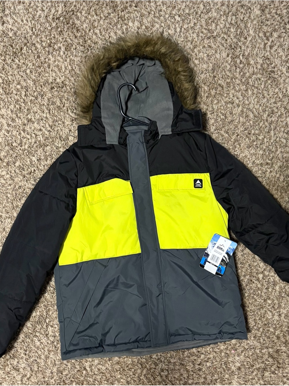 Kids Colorblock Puffer Jacket with Faux Fur Hood - Yellow/Gray/Black